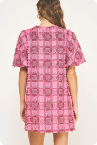 Pink Fringe Plaid Dress