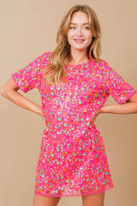Blue B Sadie Sequin Floral T-Shirt Dress, Pink | Shop L&RK