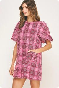 Pink Fringe Plaid Dress