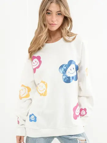 Women's Floral Smiley Face Pullover, White | Shop L&RK