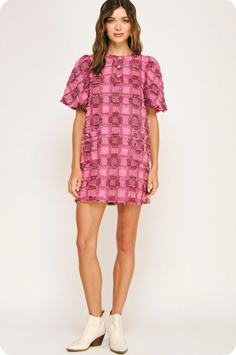 Pink Fringe Plaid Dress
