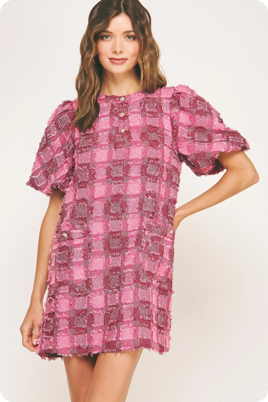Pink Fringe Plaid Dress