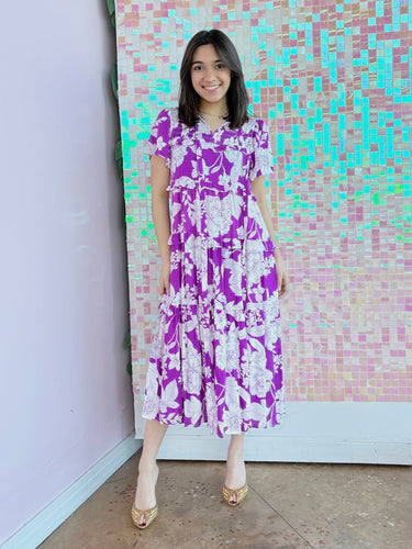Whitney Women’s Tiered Midi Dress, Purple Floral | Shop L&RK