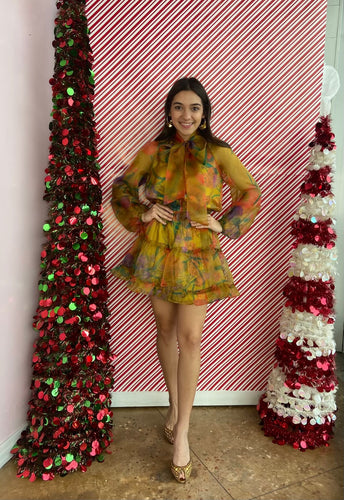 Serena Tiered Mini Ribbon Dress, Yellow Floral | Shop L&RK